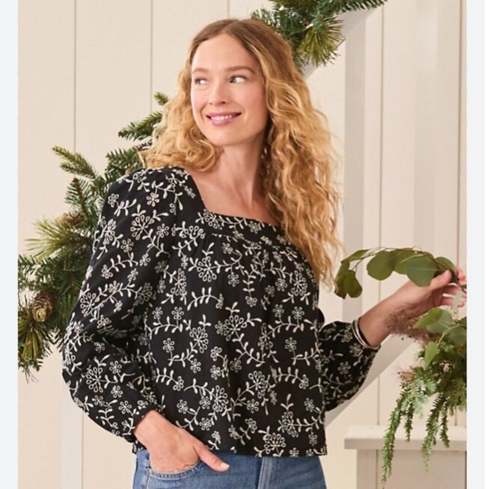 Garnet Hill Embroidered Eyelet Square Neck Floral Cotton Top Women’s 18 Black